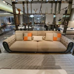 Beige Tufted Leather Sofa Collection with Yellow Velvet Accent Chairs & Stainless Steel Frames